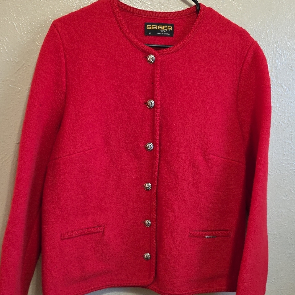 Geiger Red Wool Cardigan Women's Size 44 ( M/L Regular Size)‎  Made In Austria